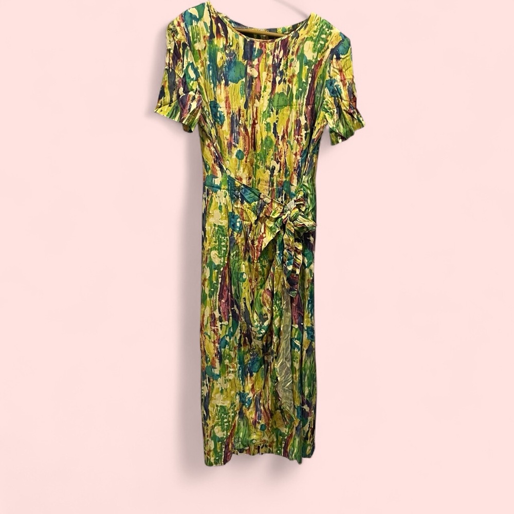 Vintage handmade watercolor paint splatter maxi faux wrap dress tie front